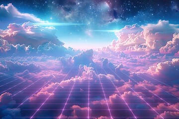 Wall Mural - retro wave grid, in the style of synthwave, space and clouds in the background. generative ai.