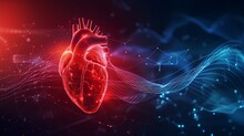Red Human Heart With Electrocardiogram Wave, Abstract Background