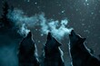 Silhouette of a wolf pack with smoke howling under a starry night wild call.
