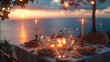 Cozy dinner with ocean view, candles. Generative AI.