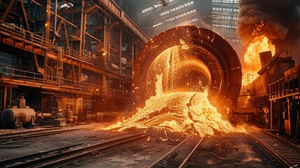 Poster - Colossal electric blast furnace churns out molten metal in the factory. Generative AI.