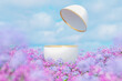 Natural beauty podium backdrop with spring flower field scene. easter egg. 3d rendering.