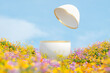 Natural beauty podium backdrop with spring flower field scene. easter egg. 3d rendering.