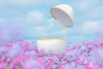 Poster - Natural beauty podium backdrop with spring flower field scene. easter egg. 3d rendering.