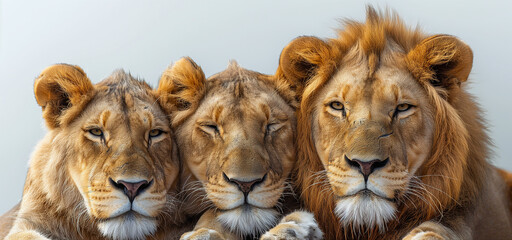 Wall Mural - Lion Family Bonding Capture tender moments between lion family members, showcasing their affection against a pristine white canva Image generated by AI