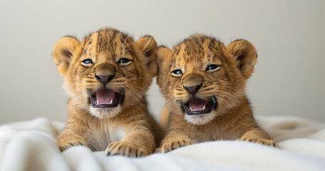 Wall Mural - Lion Cub Cuteness Show the adorable charm of lion cubs in playful poses against a clean white backdrop. Image generated by AI