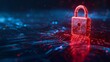 Digital red glowing padlock made of glowing atoms, for computing system on dark blue background, cyber security technology for fraud prevention and privacy data network protection concept