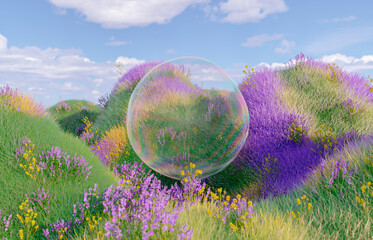 Poster - Abstract spring flower landscape scene with water bubble. 3d rendering.