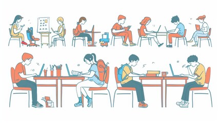 Poster - Various types of students sitting at their desk. Modern illustration flat style