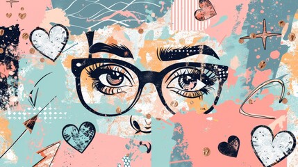 Wall Mural - Modern illustration set. Halftone glasses with women's and men's eyes. With hearts, lightning bolts, and a line.