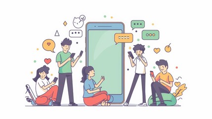 Poster - Flat design style minimal modern illustration of small people talking on phones. Modern illustration of small people chatting on phones.
