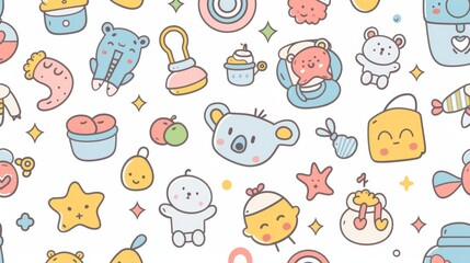 Poster - A set of simple color baby icons. Modern illustration in flat style with pattern background.
