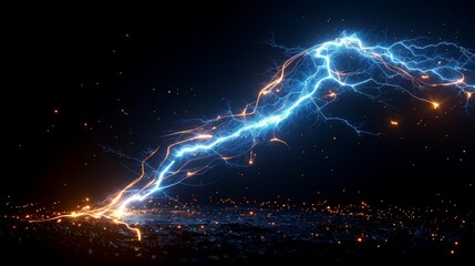 Poster - Lightning bolt hitting the ground. Blue electric or magic thunderbolt striking, impact, cracking, flash of wizard energy. Cartoon modern set isolated on black.