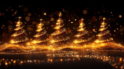 A set of realistic spiral Christmas trees isolated on a transparent background. Modern illustration of golden xmas swirls adorned with yellow stars and shimmering particles.