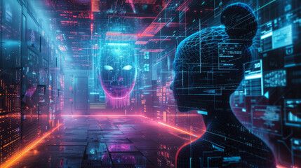 Poster - A computer generated face with a blue and red background. head conceptual design closeup portrait beauty Industrial technology concept. Cyber punk girl concept. AI in virtual reality.