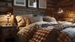 Rustic Wooden Bed Adorned with Velvet Cushions in a Cozy Cabin-style Bedroom