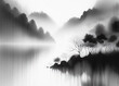 Black and white minimalist landscape in chinese and japanese ink painting style.