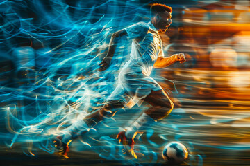Canvas Print - A soccer player is kicking a ball on a field with a blue and orange background
