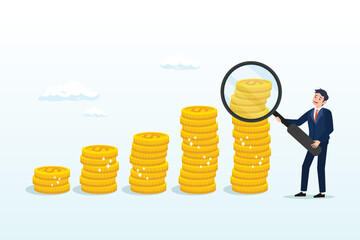 Businessman with magnifying glass on growth coin stack, investment or financial analysis, wealth management or revenue growth, economic or profit improvement, income or portfolio analysis (Vector)