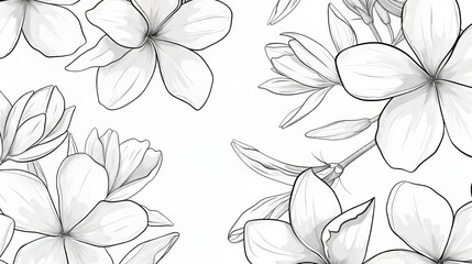 Poster - Black line sketch of plumeria flowers on white background. Modern illustration.