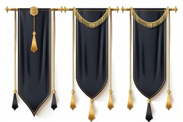 Wall Mural - An isolated white background shows black long pennant flags with golden tassel fringes. Blank textile pennons with different shapes placed on gold pillars.