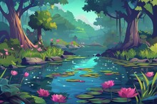 Water Lilies In A Swamp. Dreamy Mystic Scenery With An Ooze-covered Wild Pond, Cartoon Modern Illustration.