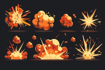 Poster - Sprite sheet of bomb explosion animation. Modern 2D cartoon set of blast effects, isolated on black background, caused by dynamite or rocket launch.