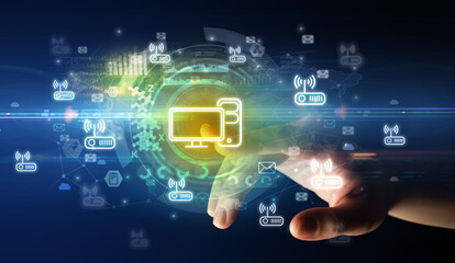 Aufkleber - touching with soft gesture multimedia screen with future technology concept