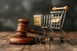 Consumer protection symbols displayed gavel cart hammer illustrating shopping rights. Concept Consumer Rights, Shopping Legislation, Purchasing Safeguards, Legal Protection, Retail Laws