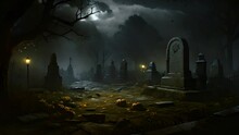Halloween Night By The Old Church Under The Moonlit Sky. Halloween Ghost Cemetery With Dark Clouds. Graves In The Cemetery At Dusk. Spooky Dark Night Full Moon	