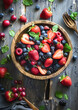 Cuenco de madera con fruta roja y bayas del bosque sobre mesa de madera en cocina. Comida organica para vegano con vitaminas.