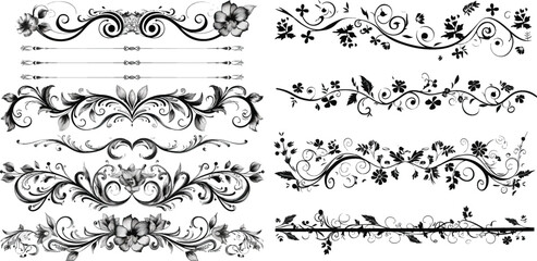 Wall Mural - Floral ornament border, vintage hand drawn decorations and flourish sketch calligraphic divider vector set