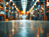 Fototapeta Sport - Low angle view of a warehouse with out-of-focus lights and shelves, creating a bokeh effect.