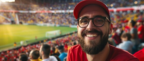 Poster - Portrait of male football fan wearing sports jersey. in the stands, men supporters inflamed by the football match. Generative ai