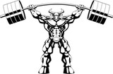 Fototapeta Dinusie - Outlined Muscular Bull Bodybuilder Mascot Lifting Big Barbell Vector Hand Drawn Illustration Isolated On Transparent Background
