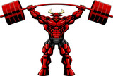 Fototapeta Dinusie - Muscular Red Bull Bodybuilder Mascot Lifting Big Barbell. Vector Hand Drawn Illustration Isolated On Transparent Background