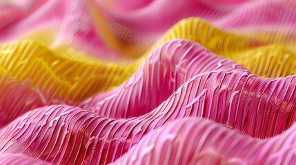 Wall Mural - Pink and yellow corrugated cotton textile - close up of fabric texture. Cotton Fabric Texture. Pink Clothing Background. Text Space. Abstract background and texture for designers.