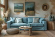 interior design in the living room in boho style, light blue sofa and wooden furniture