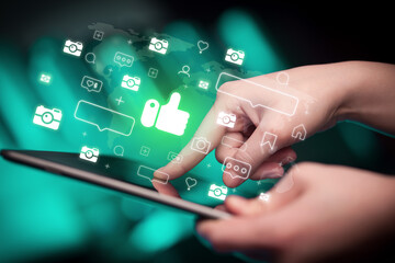 Poster - Close-up of a hand using tablet, social media concept