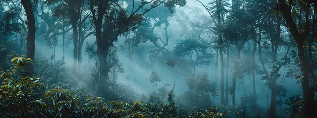 Wall Mural - Panoramic view of misty rainforest trees with fog and rays, showcasing the natural beauty of a lush tropical rainforest canopy. Drone view with copy space.