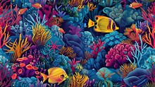 Seamless Pattern Of Sea Plants And Fish, Bright And Rich Color.