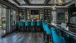 Luxurious bar interior with bar counter and emerald blue chairs,