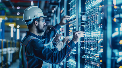 Poster - Technician working in a server room. The concept of industrial and technology.