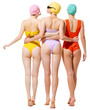 Back view of sportive slim three young women in vintage retro swimming suits posing isolated over transparent background. Concept of beauty, fashion, vintage style, summertime, party, active lifestyle
