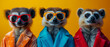 Three animals clad in strikingly colored outfits pose confidently against a bold orange background, making a statement