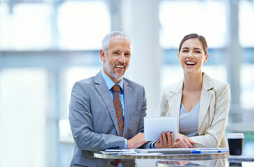 Aufkleber - Portrait, businesspeople and laugh with tablet, meeting and teamwork for workshop. Technology, colleagues and happy coworkers for conference, professional and corporate male manager with employee