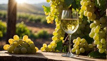 The Celebration Of International Albarino Day. A Glass Of White Dry Wine Stands On A Wooden Table Against The Backdrop Of A Grape Plantation. Pleasant Sunshine. Empty Space. Sober Curious. Startup.