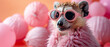 A fashionable meerkat wearing pink fluffy clothes and a golden crown poses with attitude