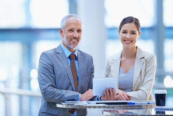Aufkleber - Businesspeople, colleagues and meeting with tablet, portrait and notes for workshop. Technology, smile and happy coworkers for conference, professional and corporate male manager with employee