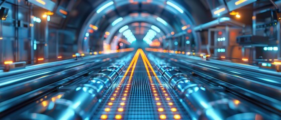 Aufkleber - Advanced tech corridor in a solar cell factory, illuminated by neon lights in a futuristic design